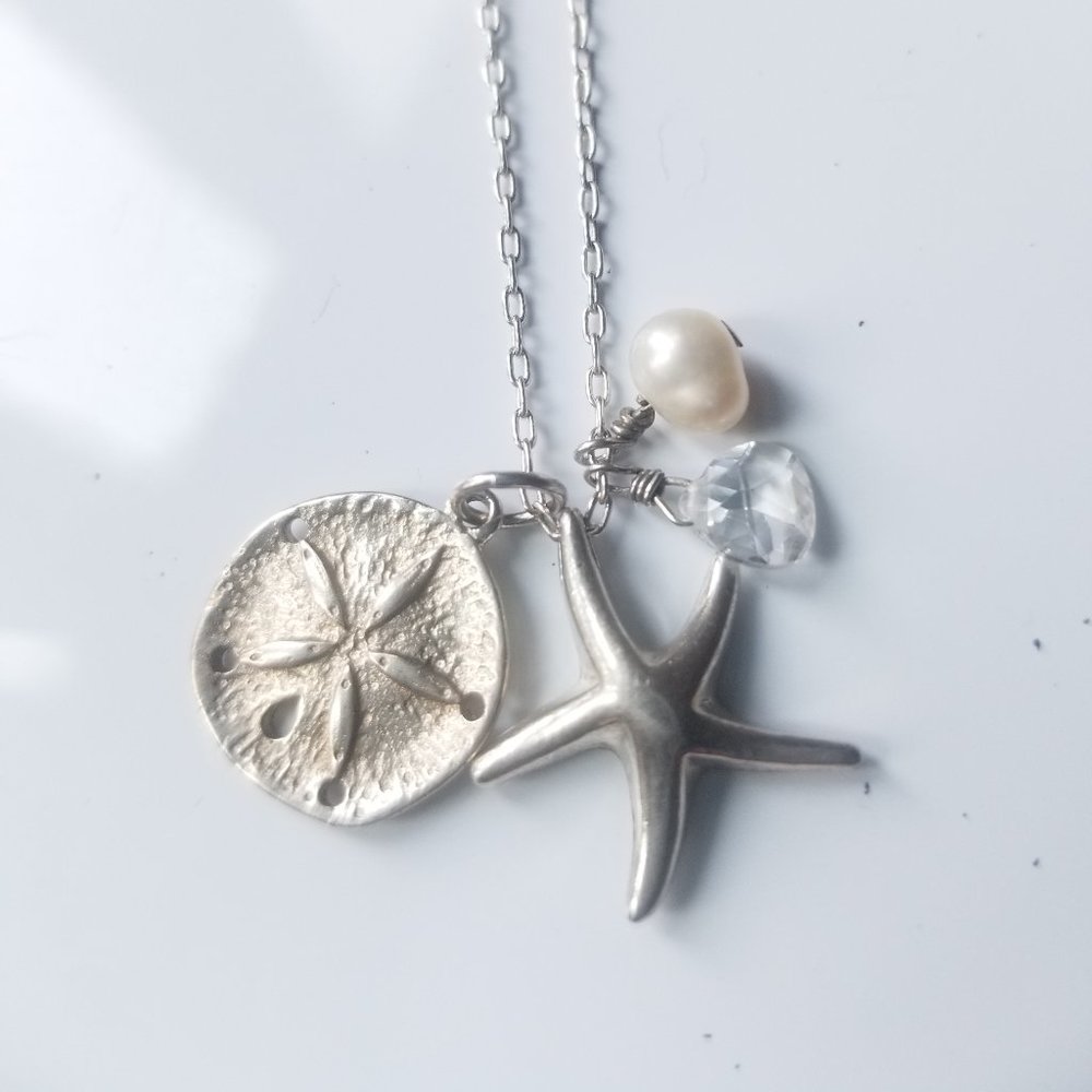 Sterling Silver Charm Necklace, Starfish, Sand Dollar, Freshwater Pearl, Crystal
